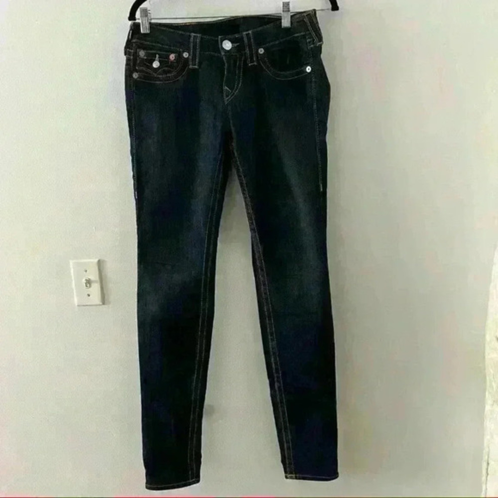 True Religion Skinny Embellished Button Back Flap Blue Jeans
